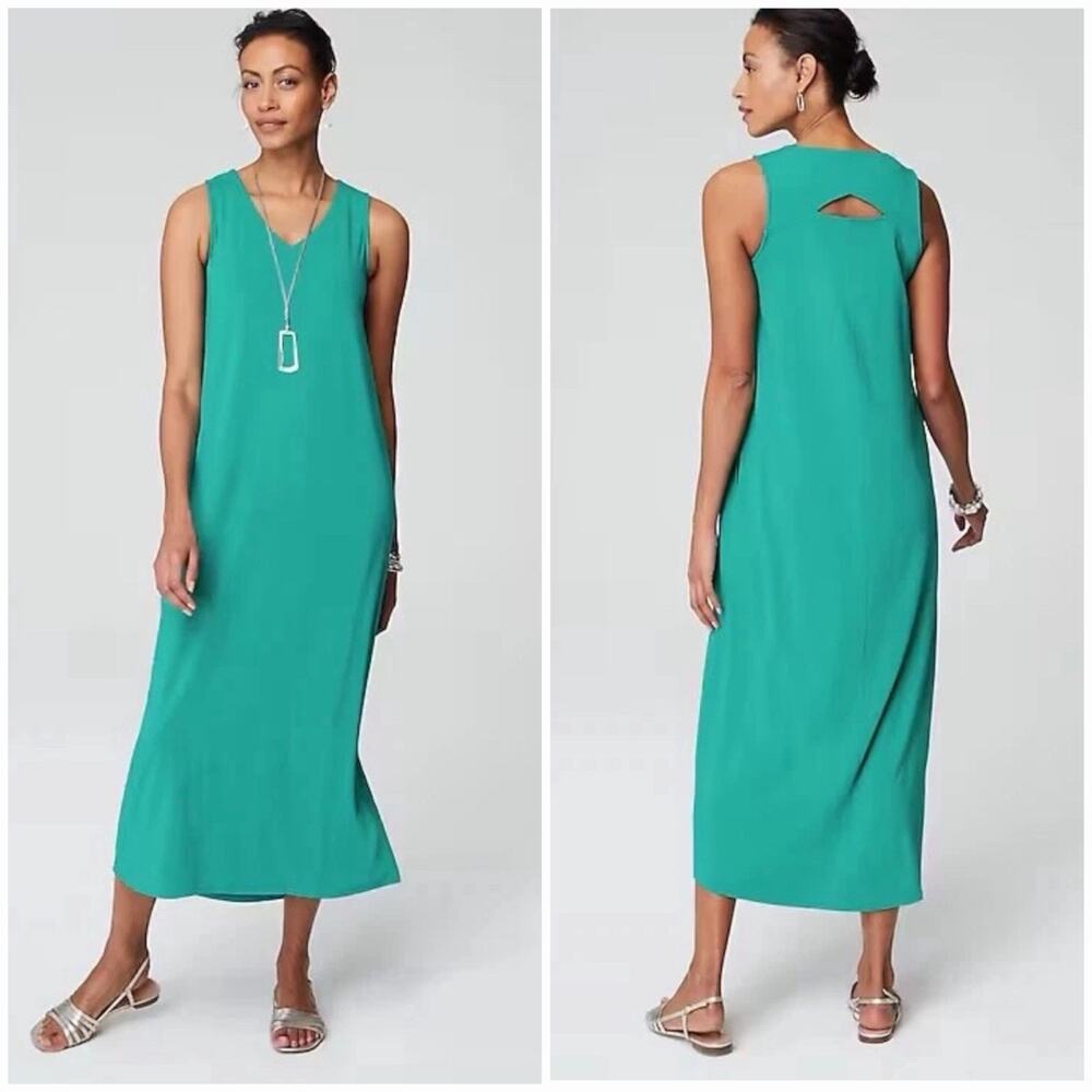 J.Jill Wearever Size Medium A-Line Elliptical-Hem Maxi Dress Pockets Teal Green